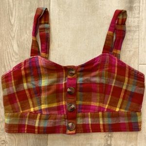 American Eagle Cropped Tank, Mulberry & Gold Tone Plaid, Size XS.